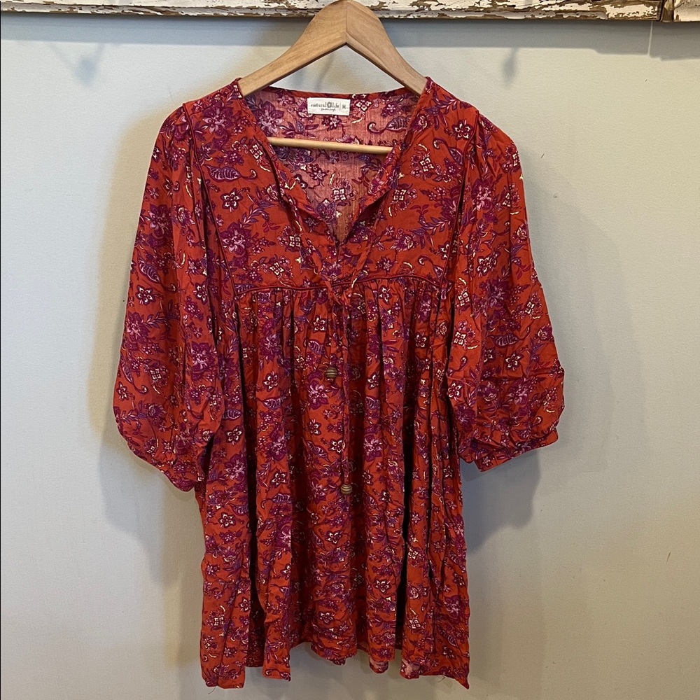 Natural‎ Life Rayon Floral Print Mini Dress Babydoll Sz M Boho Hippie